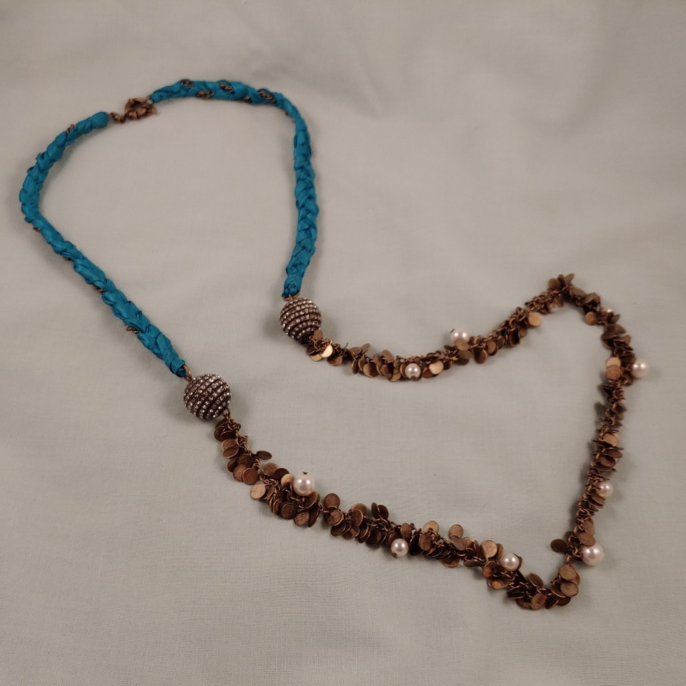 Ribbon Bronze Metal Chain Bead Necklace 36" Long Braided Pearl Rhinestones